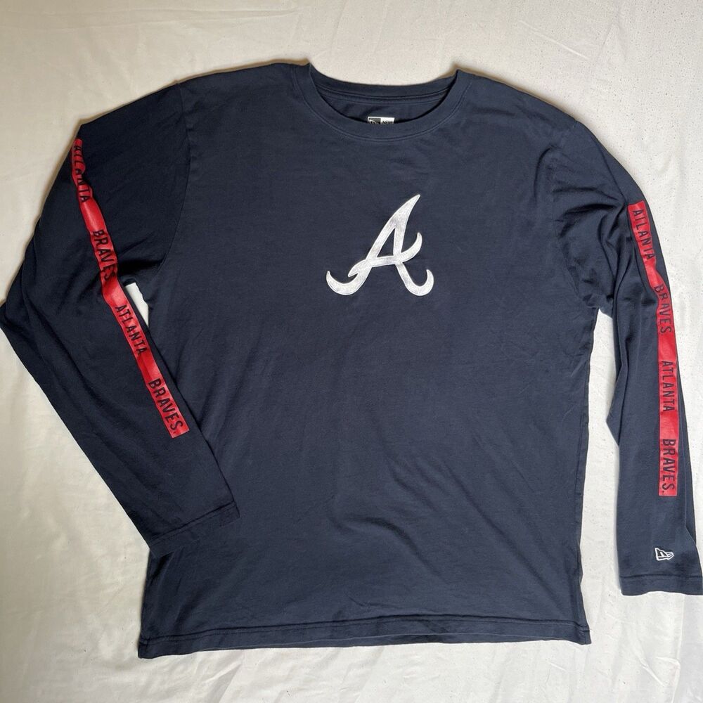 New Era Atlanta Braves Long Sleeve T Shirt Men’s XL Embroidered Spell Out MLB